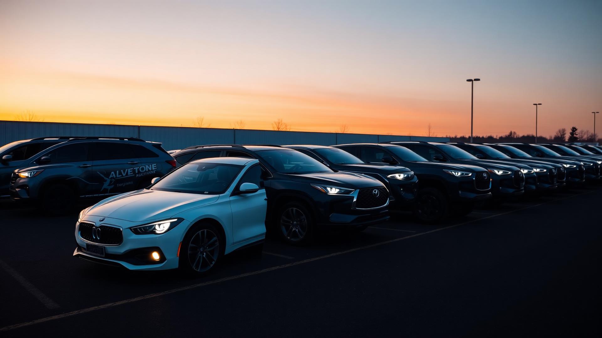 Row of clean late-model rental cars and SUVs at the iLuxe Auto lot at sunrise